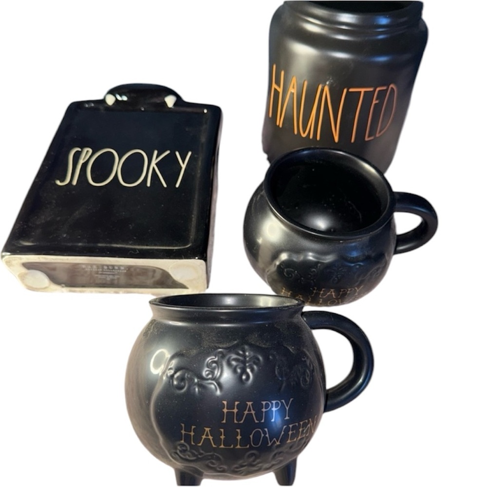 NWT Black Halloween MugSet,Spooky Bat Decoration & Haunted Kitchen Canister VHTF